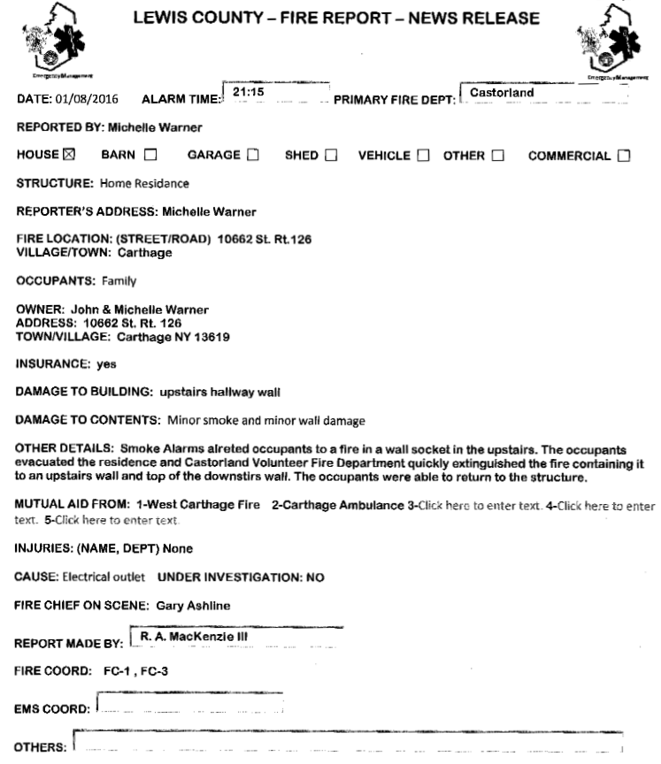 Castorland Fire Department Quickly Extinguishes Friday Night